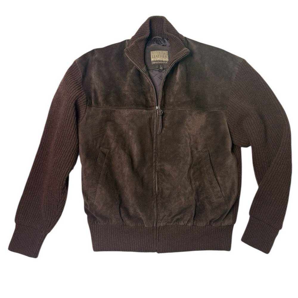 Vintage Cabelas Mens L Wool‎ Suede Leather Bomber Jacket Full Zip Sweater Brown